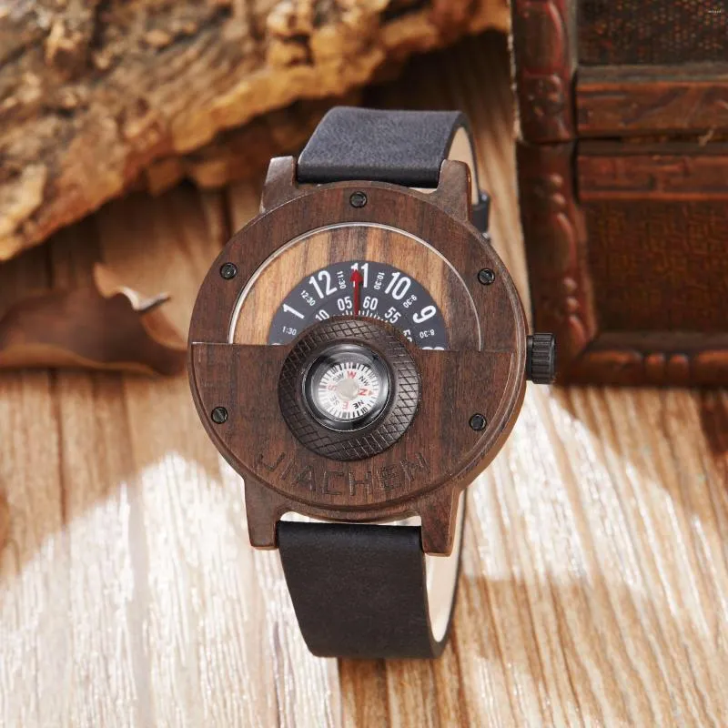 Relógios de pulso relógio de madeira masculino quartzo couro multifuncional bússola relógio natural madeira sólida reloj