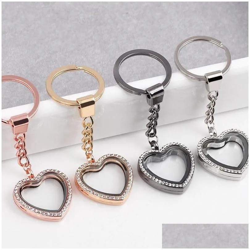 Key Rings Floating Locket Keychains 30X8Mm Fl Rhinestone Heart Glass Ring Fit Charms Chain Fashion Keyring Drop Delivery Jewelry Dh2Vs