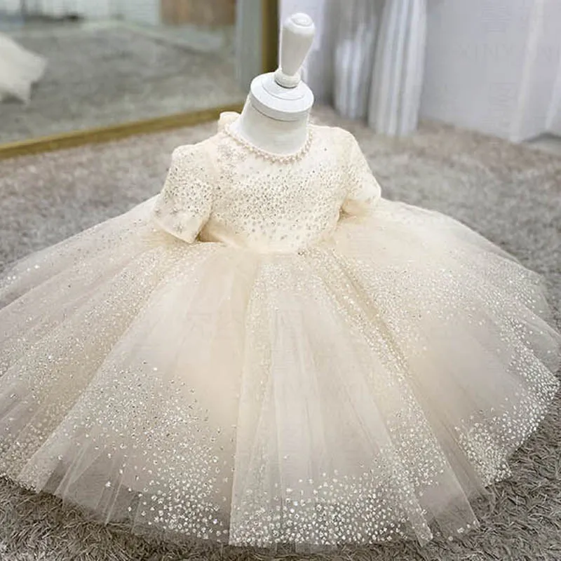 pearls Ball Gown Pearls Flower Girl Dresses For Wedding shiny bling Appliqued Pageant Gowns princess baby girl toddler Tulle big bow bling First holy Communion Dress