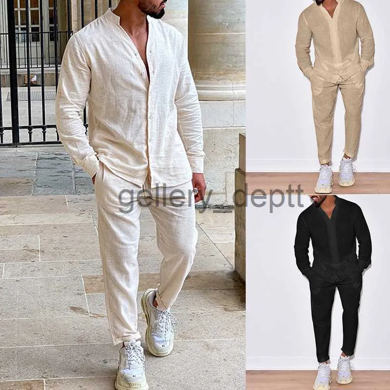 Tute da uomo Completi da uomo Lino Primavera Autunno Vestito per il tempo libero Camicie e pantaloni a maniche lunghe Completi a due pezzi Moda Uomo Abbigliamento All'ingrosso J230925