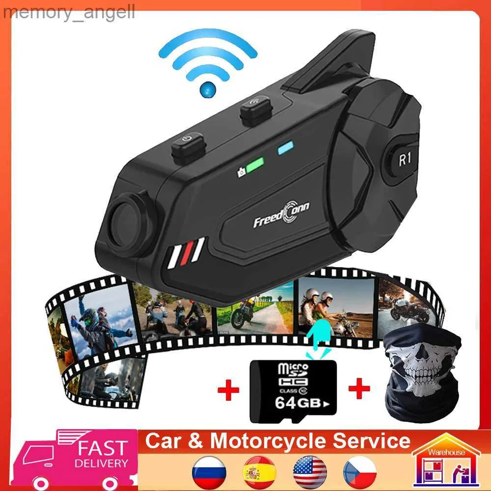 Walkie Talkie FreedConn R1 Plus WiFi Motorcycle Video Recorder DVR BT 5.0 Group Talk 6 Riders Intercom 1080pヘルメットインターホンヘッドセットHKD230925