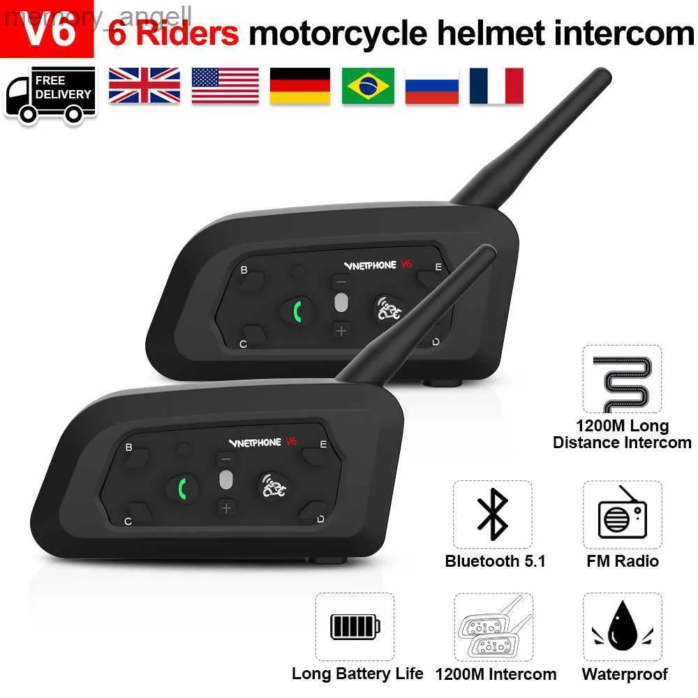 Walkie Talkie V6 Bluetooth Motorcykel Intercom Helmet Headset med BT5.1 Wireless 1200m 6 Riders Interphone Motorcykeltillbehör Stöd GPS HKD230925