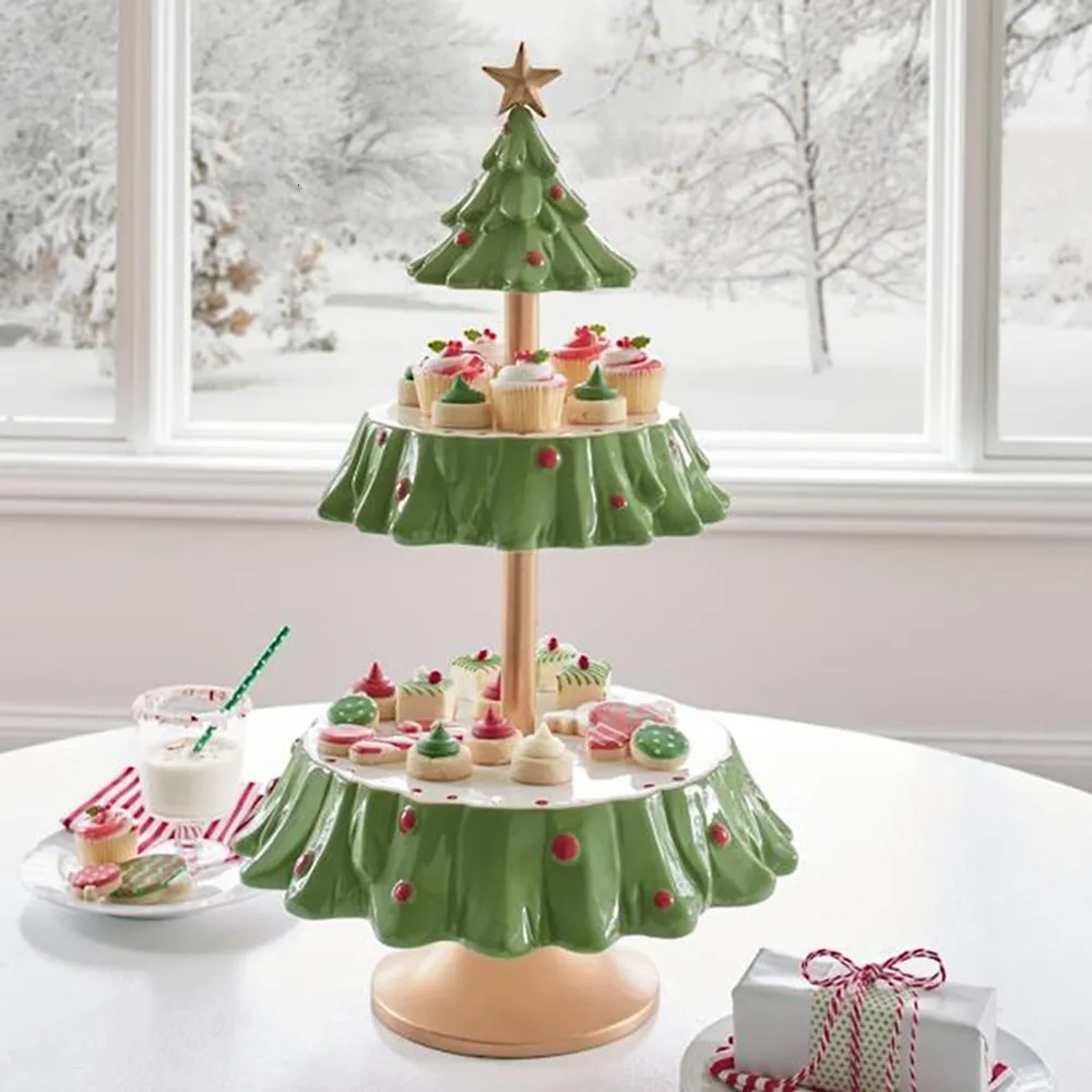 Assiettes Assiettes Arbre de Noël Table à dessert Assiette de fruits Double couche Support à gâteau Fête de vacances Assiette à bonbons Plateau à collations Support à collation de Noël 230925