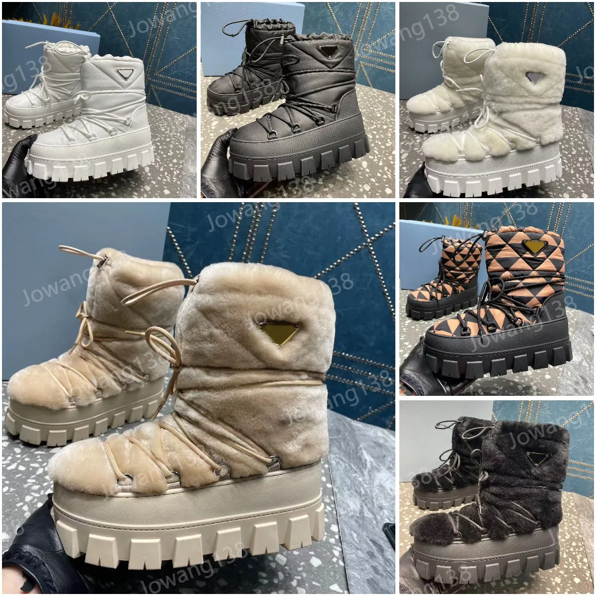 Plack Snow Boots Designer Nylon Gabardine Apres-Ski Shearling Boots Luxury Women Autumn Winter Logo Watertof Terch Warme Thoed Thick Sole Snow Boots Storlek 35-42