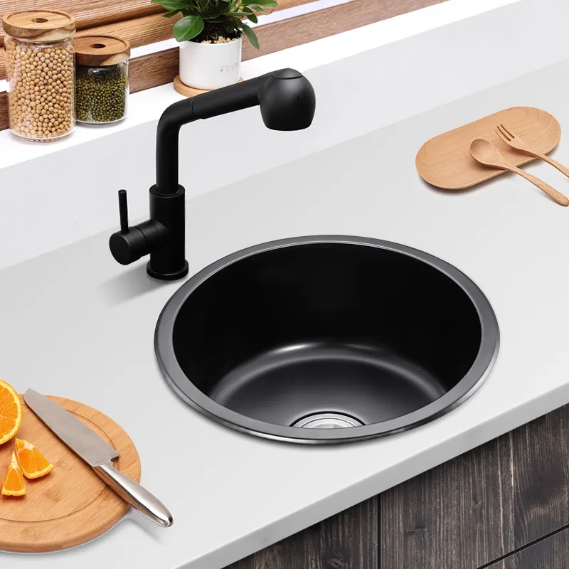 Kitchen Sinks Kitchen Sink Black Nano-Circular Mini Sink Small Single Tank 304 Rostfritt stål Bar Bad Badrum Understage Basin Hemtillbehör 230925