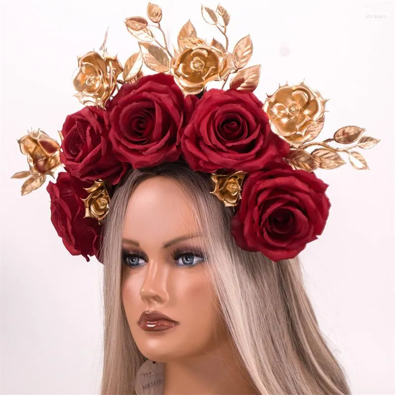 Accesorios para el cabello Hecho a mano Rosa roja oscura Halloween Día de los muertos Festival Corona de flores Tocado floral