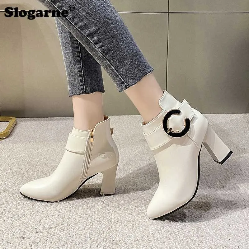 Femmes talons hauts bottes courtes femme printemps automne cheville côté fermetures à glissière femme pompes en cuir épais chaussures imperméables 230922