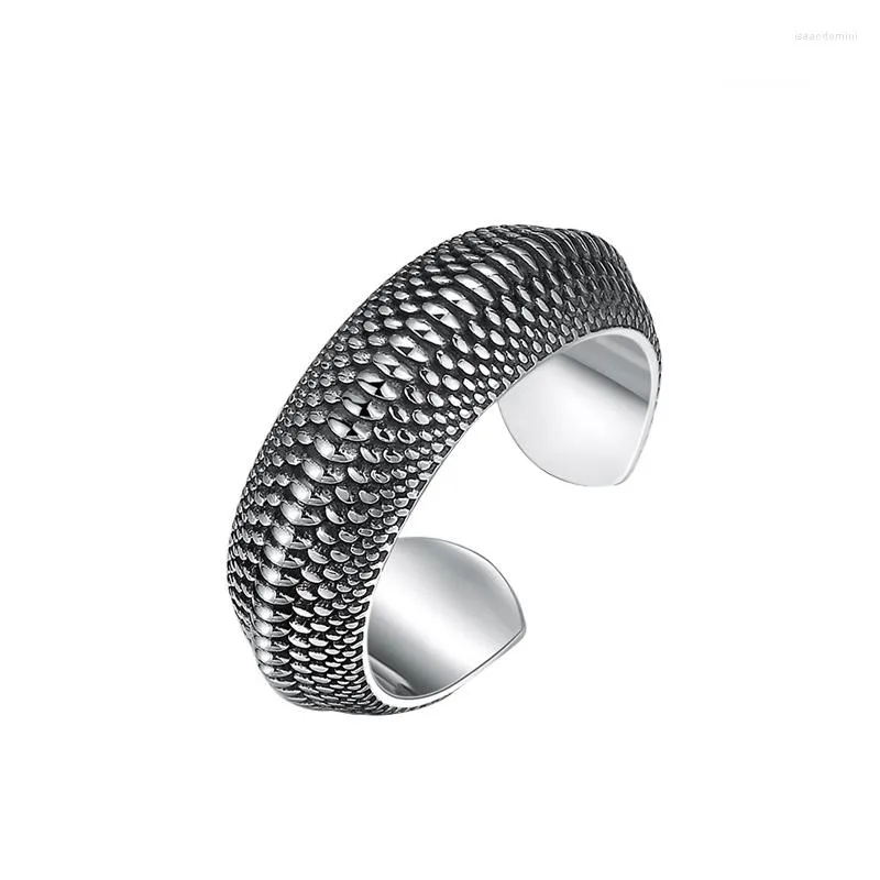 Anneaux de cluster Bague d'écailles de dragon en argent sterling noir 925 pour hommes ouverts et réglables