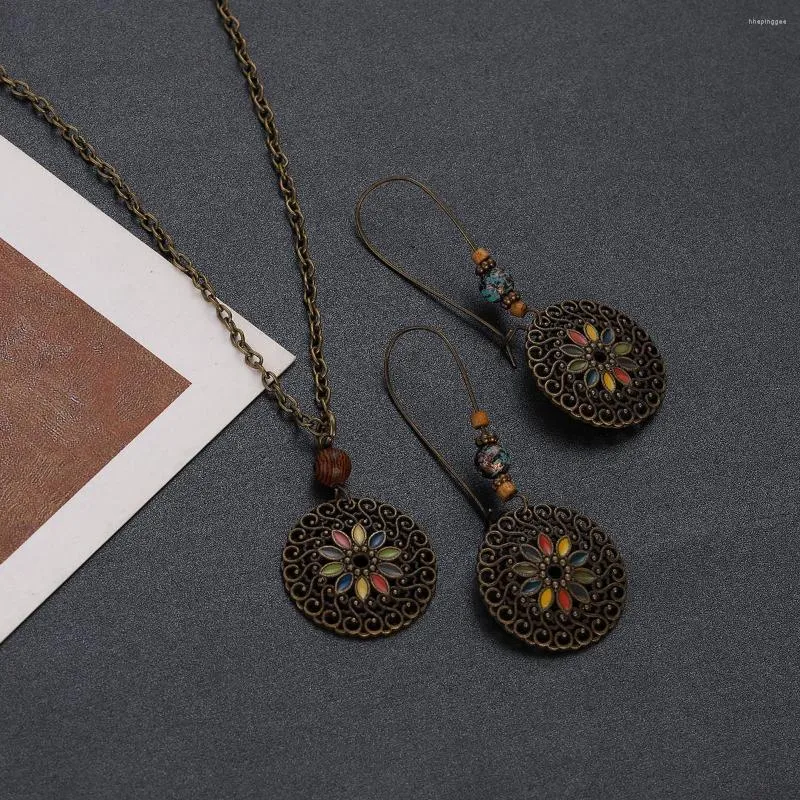 Halskette Ohrringe Set Vintage Schmuck Bunte Emaille Für Frauen Ethnische Perlen Boho Blumen Baumeln