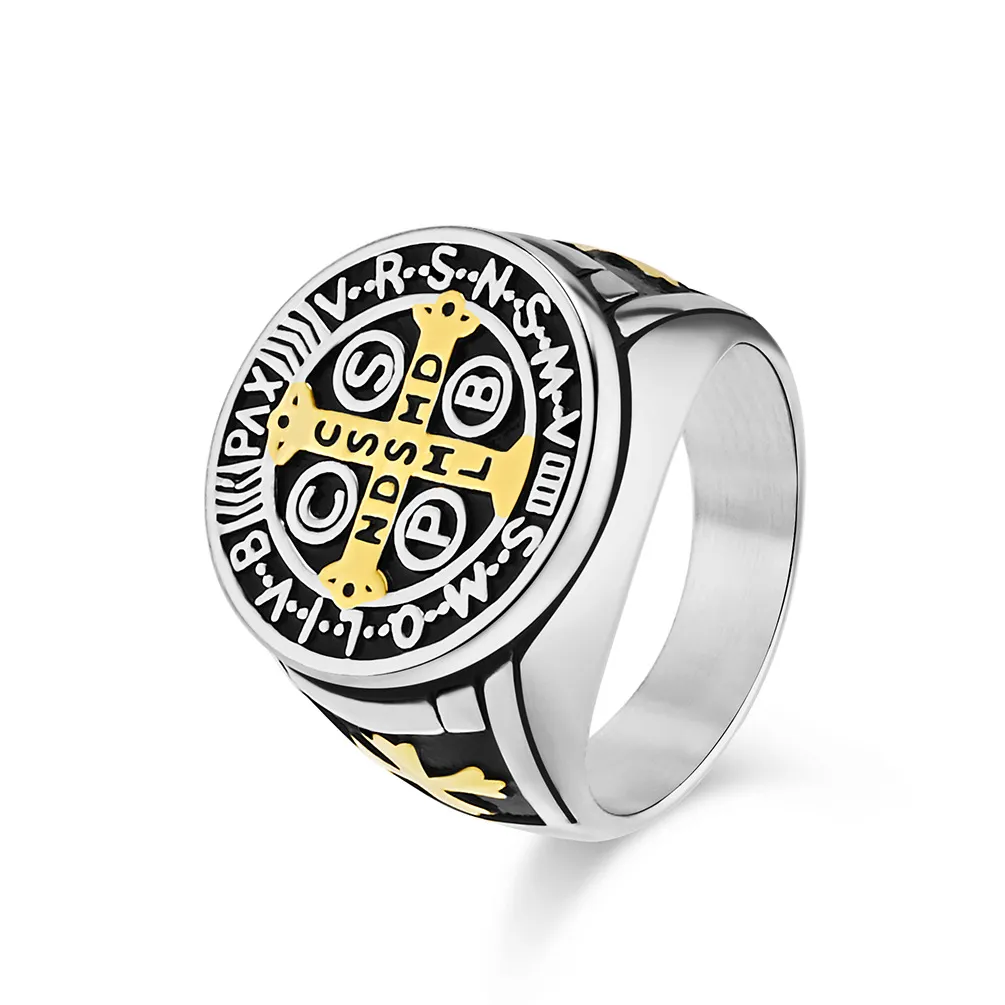 Franska retro rostfritt stål gjutning fingerring hiphop vit zirkon religiösa smycken bling 18k guld pläterad