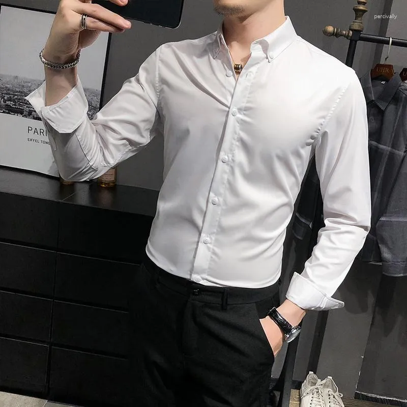 Men's Dress Shirts High Quality Non-ironing Men Fashion Cotton Long Sleeve Shirt Solid Slim Fit Male Social Casual Business White Black