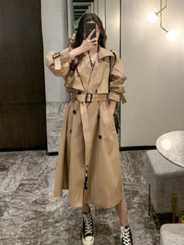 Womens Wool Blends Lapel Women Trench Coat Topcoat Doublebreasted Casual Pure Color Autumn Winter Overgarment Waistband Windbreak Jacket 230925