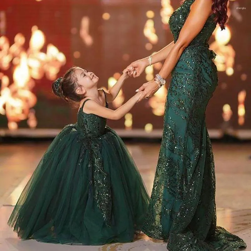 Robes de fille en dentelle vert foncé, robe de bal à fleurs, en Tulle, dos nu, robes de spectacle d'anniversaire pour enfants, de mariage