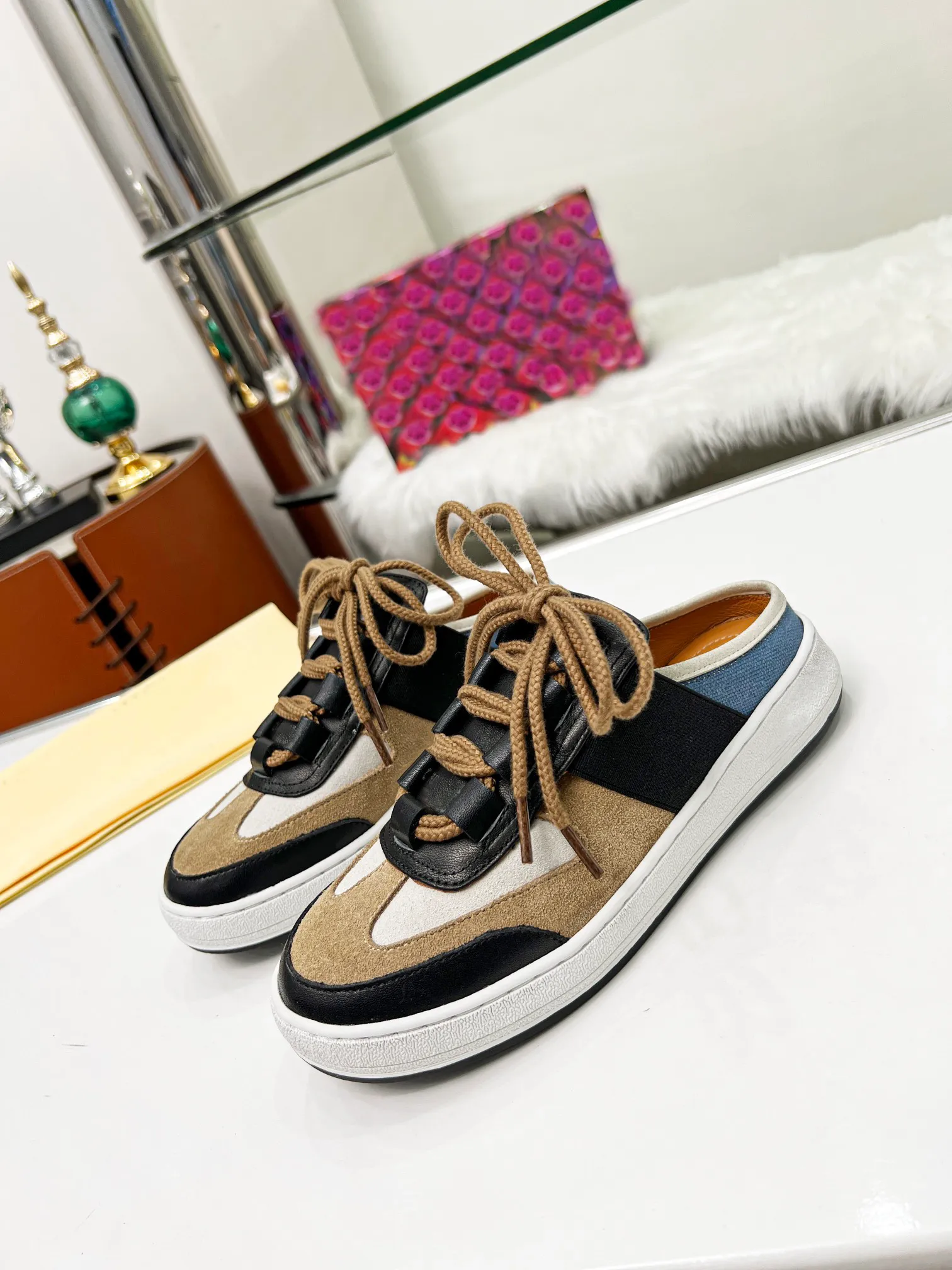 2022 Fall Slip-on Sneakers Designer Lace-Up Slippers Black Brown Casual Shoes Fashion All-match Sneakers Flat Slipperss With Box Size 35-41