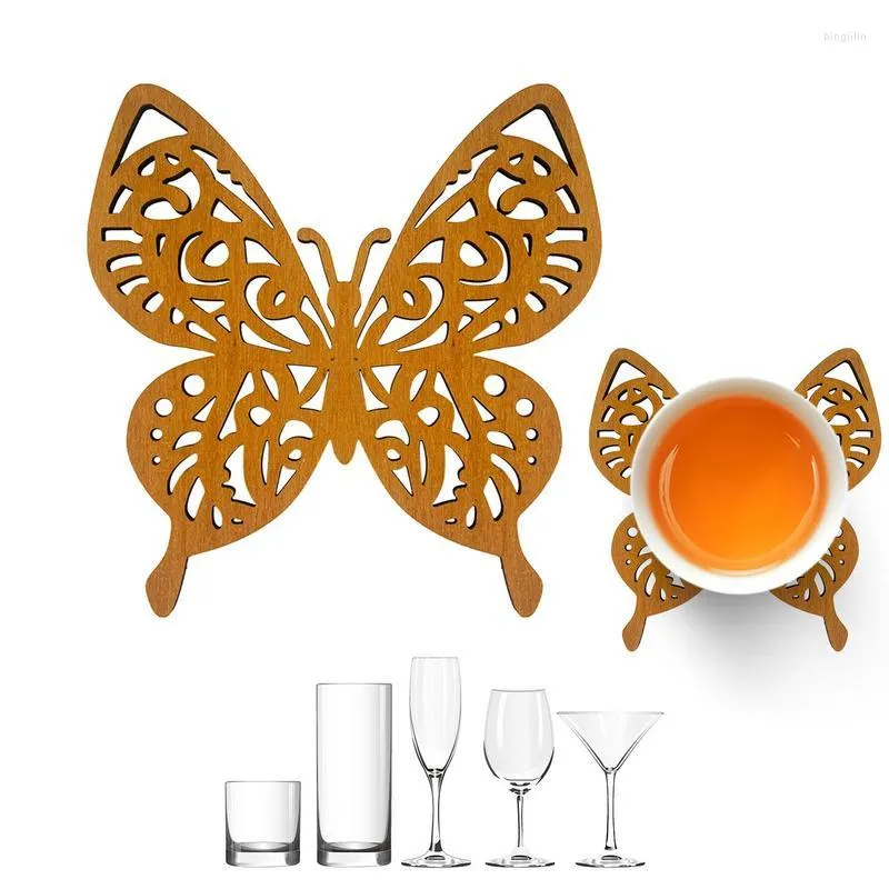 Table Mats Wooden Coasters For Drinks Hollowed Out Rustic Wood Cup Cushion Mug Elegant Bee Butterfly Design Mat