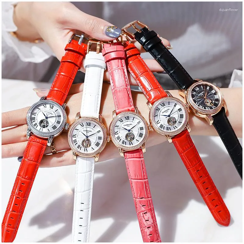 Armbandsur Carnival Women Mechanical Watch Sapphire Automatiska klockor Fashion Diamond Waterproof Hollow Ladies 8052L