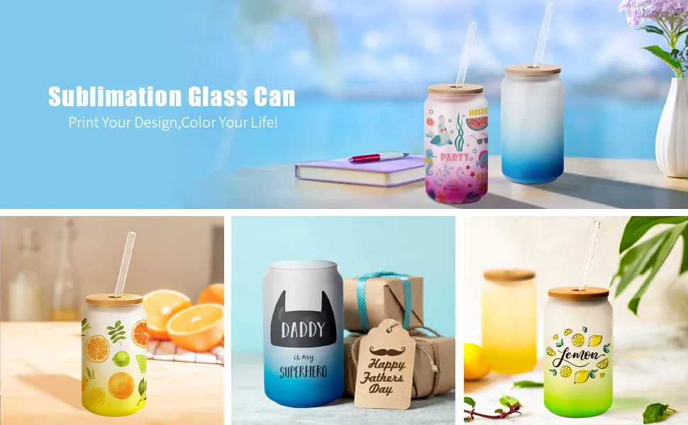 sublimation beer can with bamboo lid and straw,sublimation glass can with lid and straw,sublimation