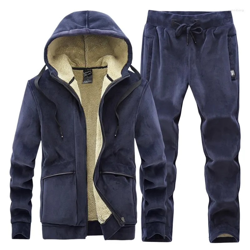 남성용 트랙 슈트 남성 따뜻한 바람 방풍 스포츠 정장 Fleece Jogger Gym Hoodies Winter Velor Jacket Pants Sports Suit Male 대형