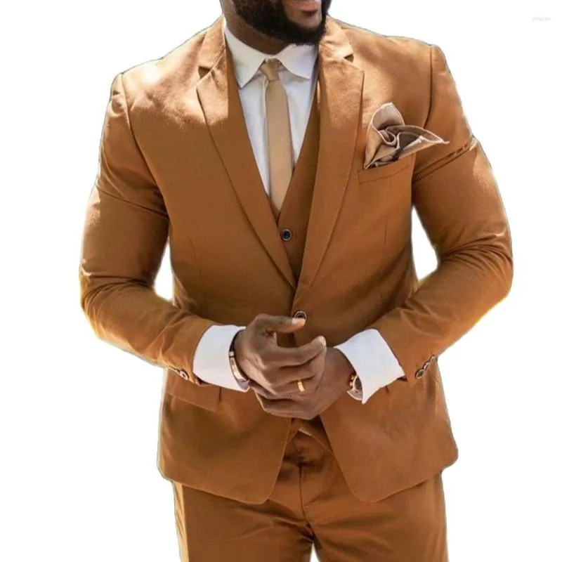 Men's Suits Casual 3pcs Sets Prom Slim Tuxedo Brown Blazer Trousers Business Party Wear Clothing Tailored Male Jacket Pants Vest