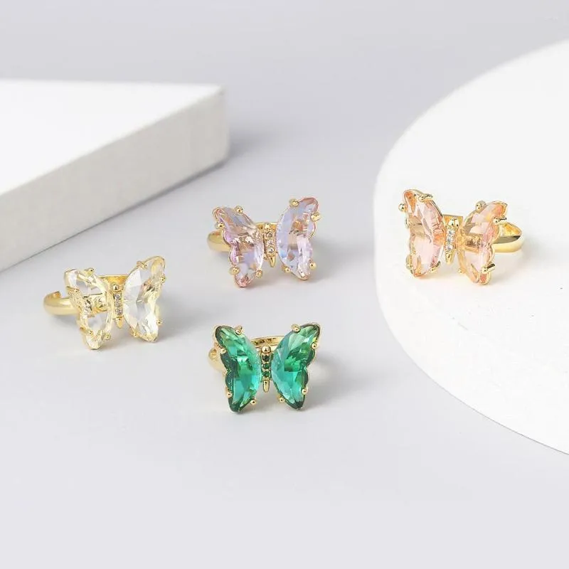 Bagues de cluster papillon pour femmes bijoux esthétiques multicolore réglable bague en cristal en gros couleur or mode cadeau bijoux R025