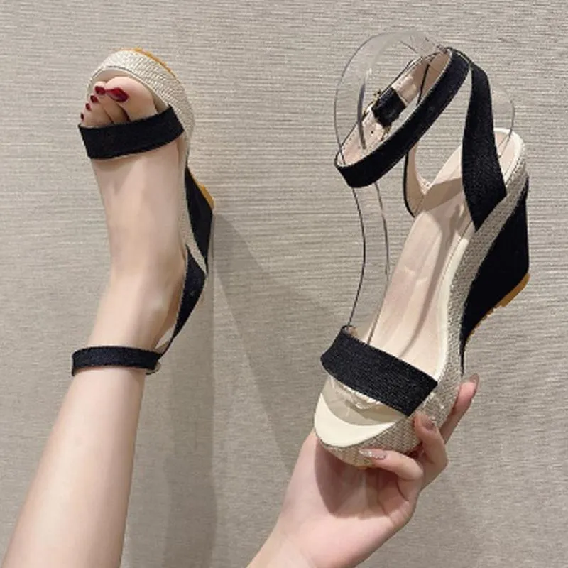 Sandaler Kvinnor Wedge Button Chunky Heel Shoes Open Toe Prom