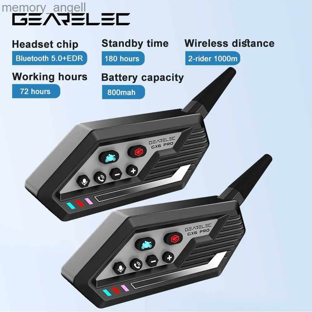 Walkie Talkie Gearelec GX6 Motorcycle Helmet Intercom Headset 2ライダー1000m BluetoothヘッドフォンバイクコミュニケーターインターホンHKD230925