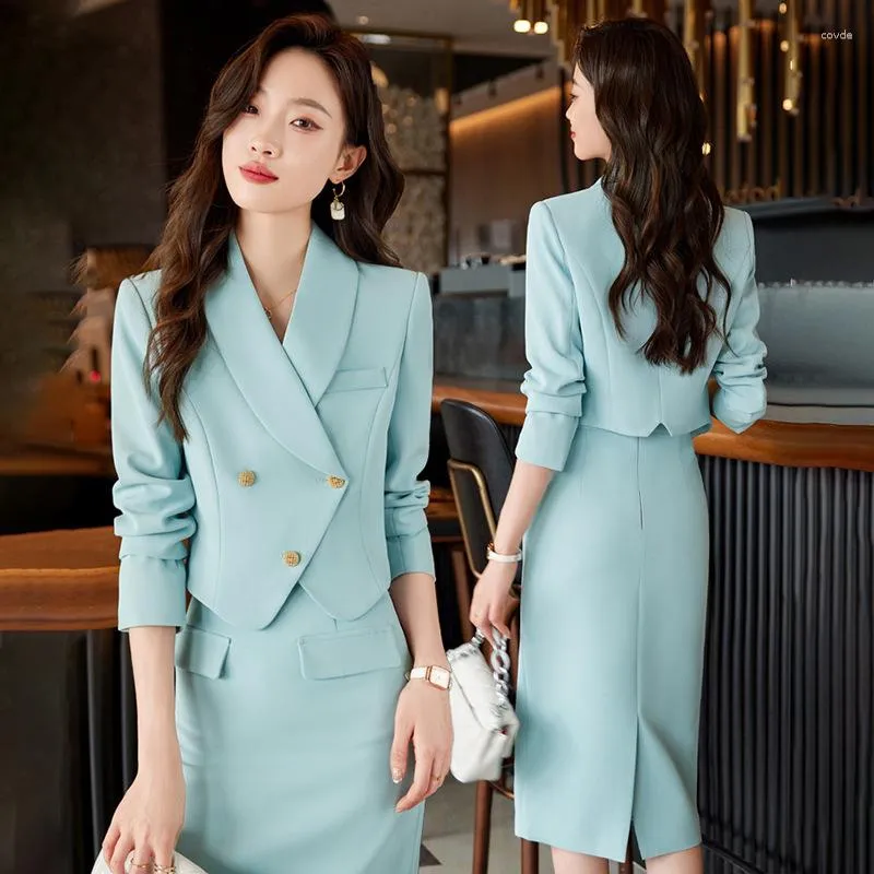 Women's Two Piece Pants Blue Suit Elegant Socialite Lady's Professional Tailored Skirt High-Grade Short Coat