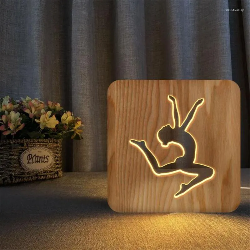 Lâmpadas de mesa USB lâmpada de cabeceira modelo de ginástica rítmica LED luz de mesa de madeira para quarto noite presentes de Natal