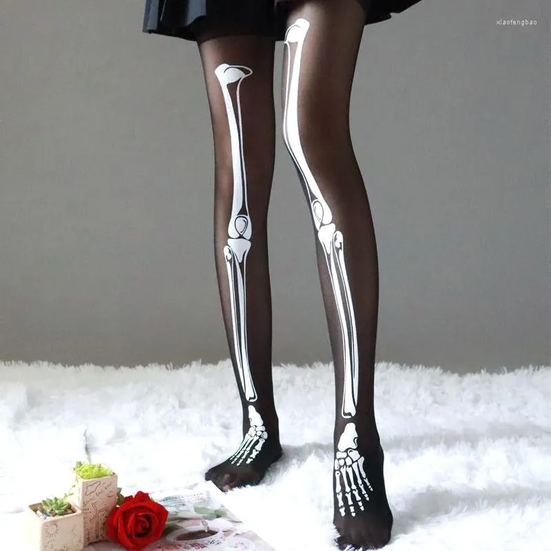 Kvinnliga strumpor halloween svart skalle tryck tights strumpor sexiga strumpbyxor