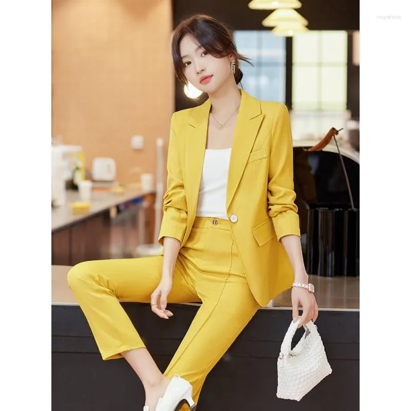 Pantalones de dos piezas para mujer chaqueta de traje amarillo para mujer ropa de negocios para primavera y oto o trajes formales de oficina con