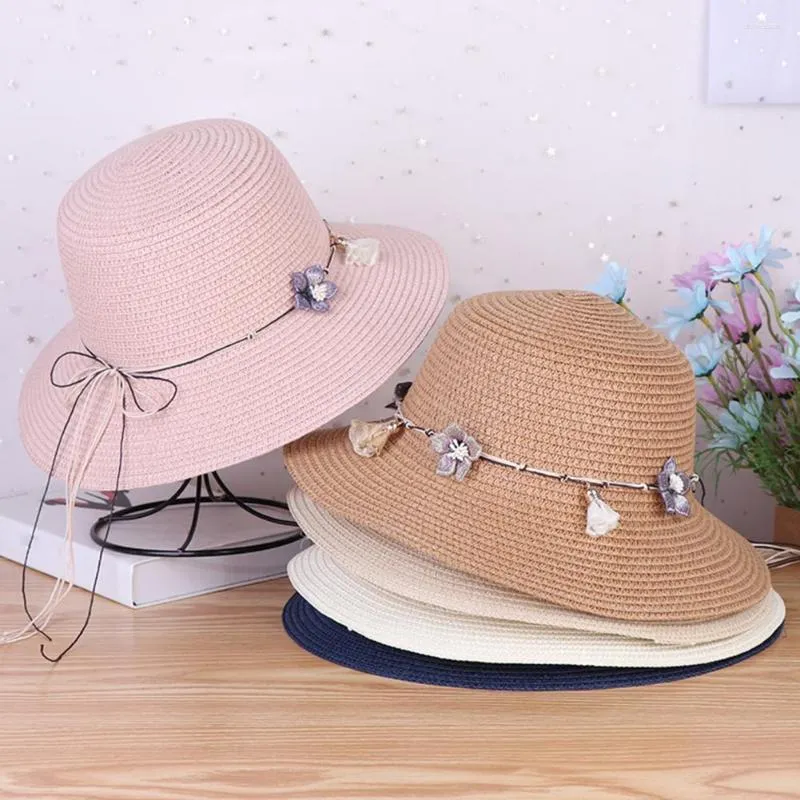 Chapeaux larges chapeaux femmes chapeau de paille fleur décor sangle ronde solide crème solaire respirant coréen voyage en plein air dame pêcheur chapeaux