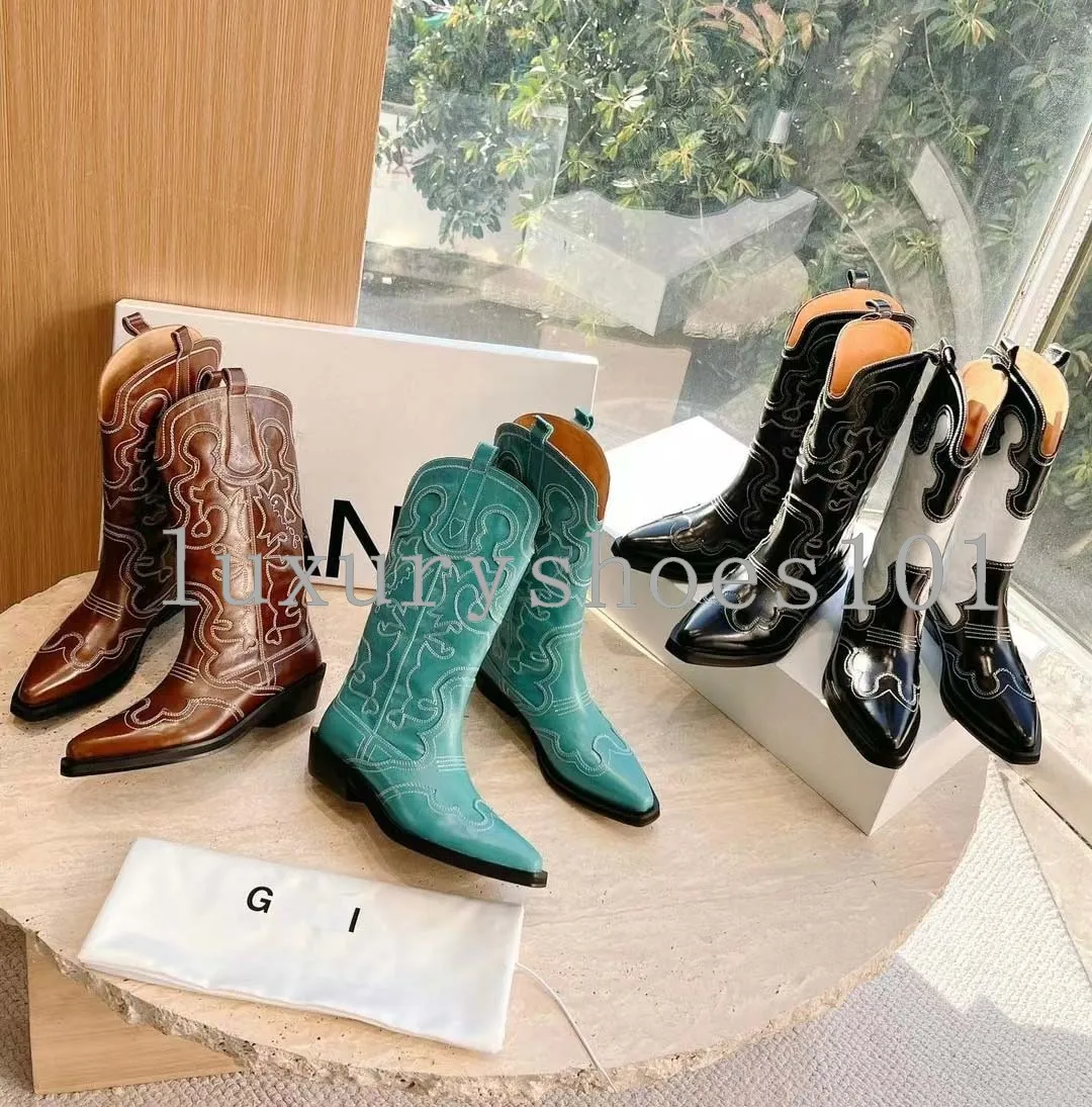 Designer Boot Western Boots Shaft Embroidered Booties Luxury Knee-High Women Boot Fashion Leather Mid Cowboy Shoe