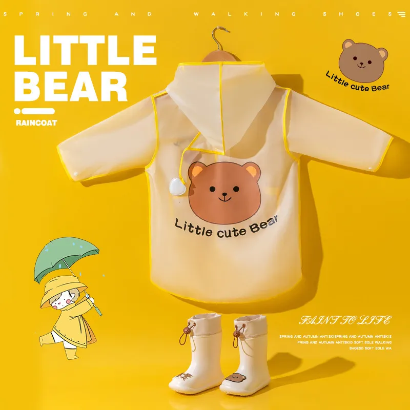 레인웨어 작은 곰 귀여운 어린이의 방수 레인 코트 레인 재킷웨어 코트 정장 옷 의류 키즈 소년 노란색 녹색 230925