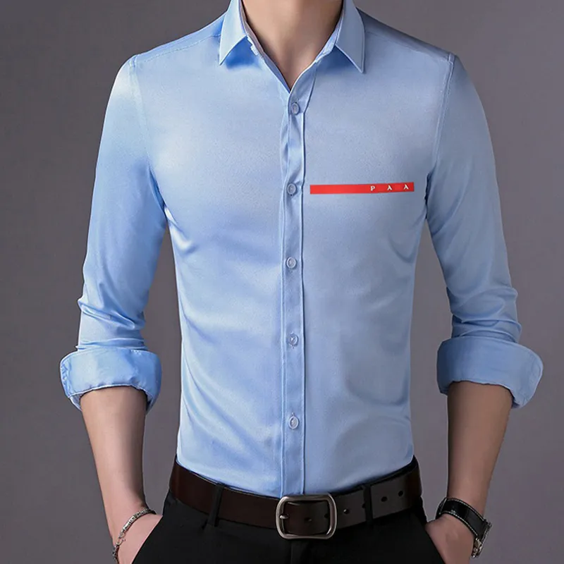 Designer Luxury Men s Dress Shirts Stretch Soft Business Casual Lapel Button Down Shirt Spring Autumn Long Sleeve Tops Mens Clothing Wrinkle Free NAVY