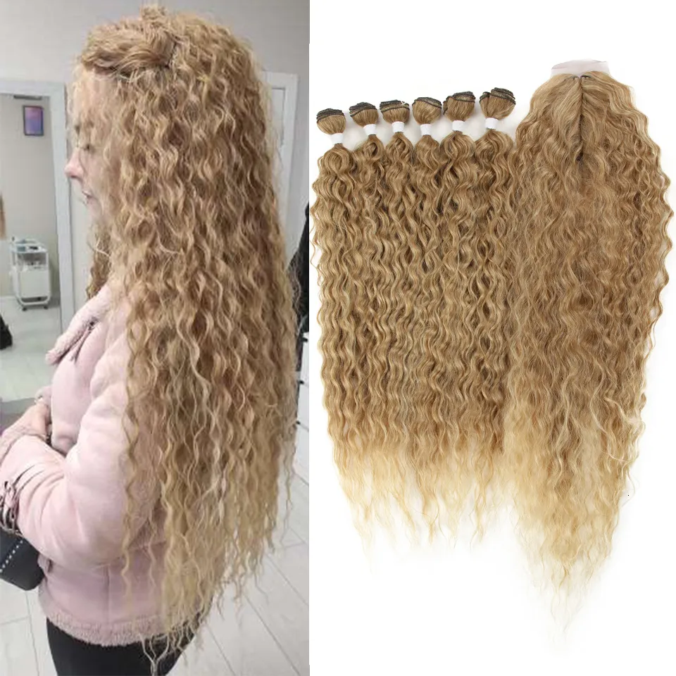 Human Hair Bulks Classic Plus 30Inch Deep Wavy Synthetic Hair Bundles With Lace Closure Ombre Blonde 613 Red Gray Curly Hair Extensions for Women 230925