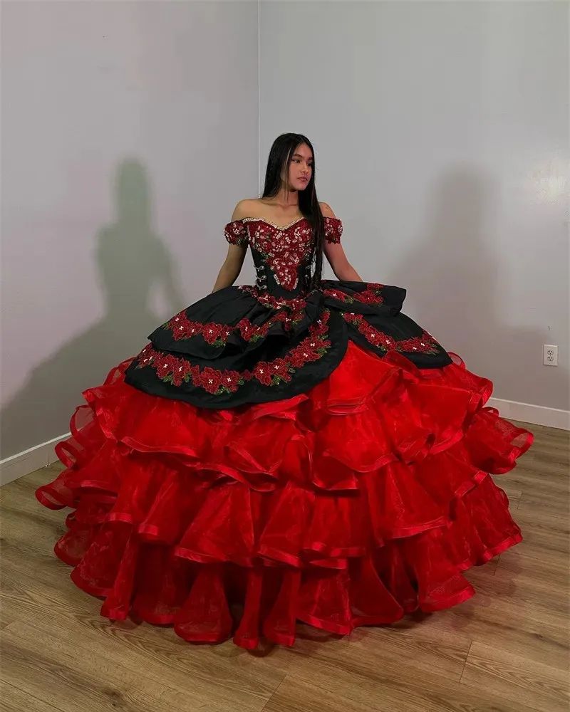 Nouvelle fleur princesse robe De bal rouge Quinceanera robes volants à plusieurs niveaux perles mexicaines perles douce 16 robes robes De 15 Anos