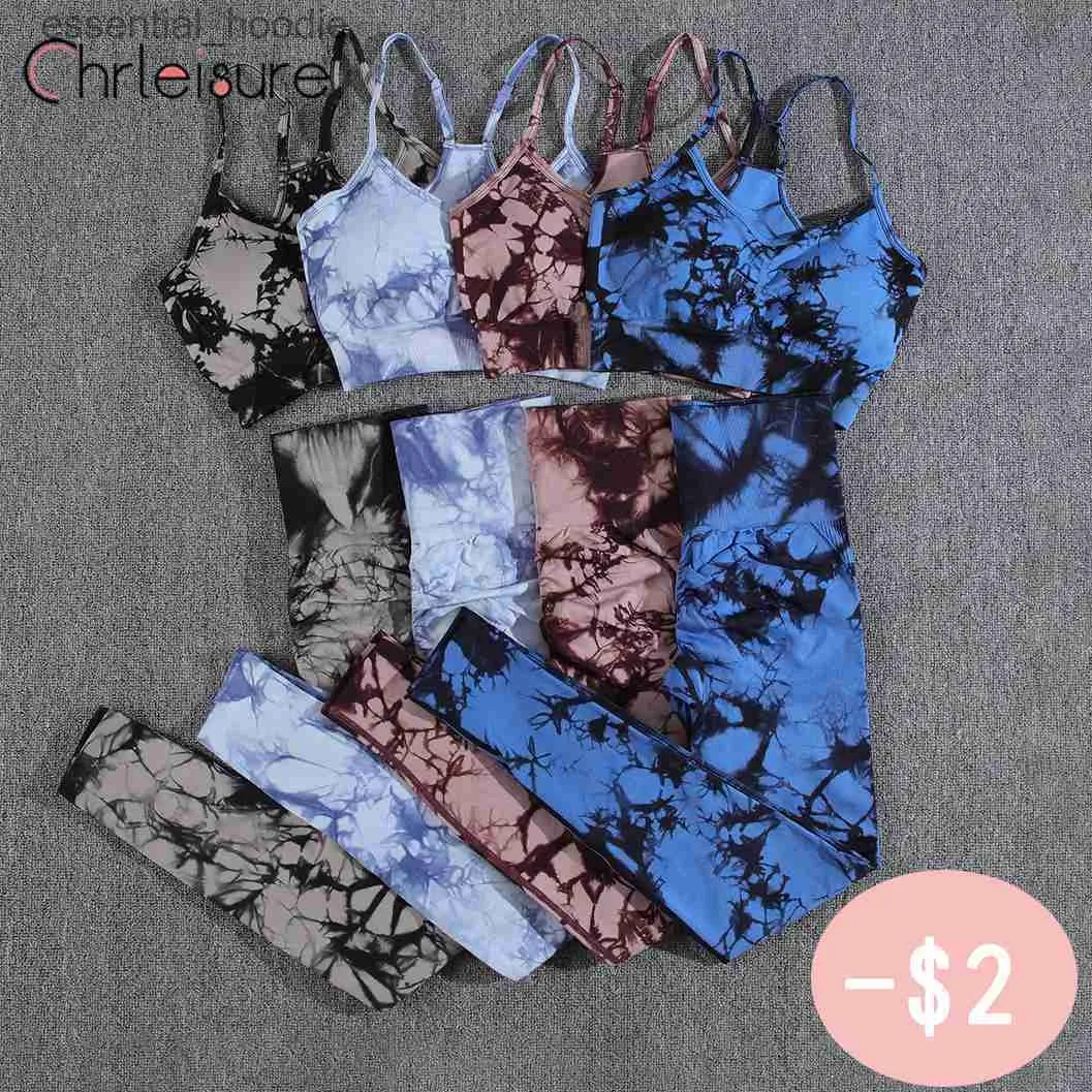 Женские спортивные костюмы CHRLEISURE Yoga Set Женские бесшовные Tie Dye Модный бюстгальтер пуш-ап с принтом Эстетический фитнес-зал с высокой талией Fe Брюки L230925