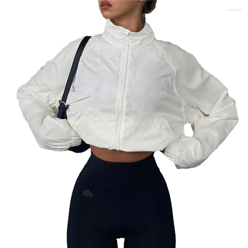 Vestes Femmes Xingqing Bomber Jacket Femmes Y2K Vêtements Blanc Stand Collier Zipper À Manches Longues Tops Avec Poches 2000s Manteaux Streetwear