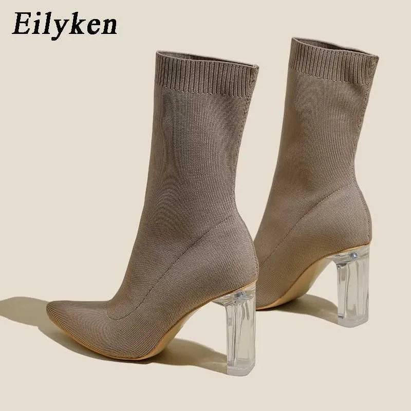 Vinterkvinnor Stretch Fabric Knitting Sock Boots Transparent Square Heel Fashion Point Toe Female Chelsea Ankle Shoes 230922