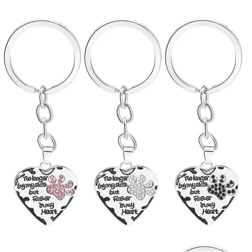 Porte-clés 12 pcs / lot chaîne n'est plus à mes côtés mais dans le coeur empreinte de patte porte-clés amoureux des animaux de compagnie mémorial ami anneau livraison directe J Dhjj6