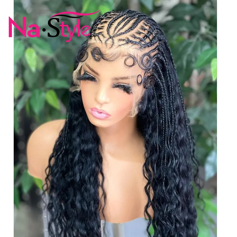 Brasilianische Cornrow Braids Knotenlose Spitzenperücke, schwarze tiefe Welle, Spitze-Frontal-Perücke, lange Box-geflochtene Perücke mit Babyhaar, synthetische Spitzen-Front-Perücken