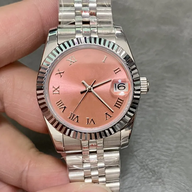 ピンクのダイヤルとダイヤモンドのクラシックデザイナーの豪華な女性の時計31mm 31mmスクラッチ抵抗性ブルークリスタルカレンダーウィンドウ折りたたみボタン自動日付蜂蜜88