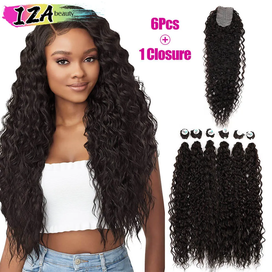 Extensions de cheveux bouclés crépus synthétiques IZA 6PCS avec fermeture 2 * 4 Ombre Blonde Cheveux longs bouclés organiques 28/30 / 32 pouces Weave Hair 230925