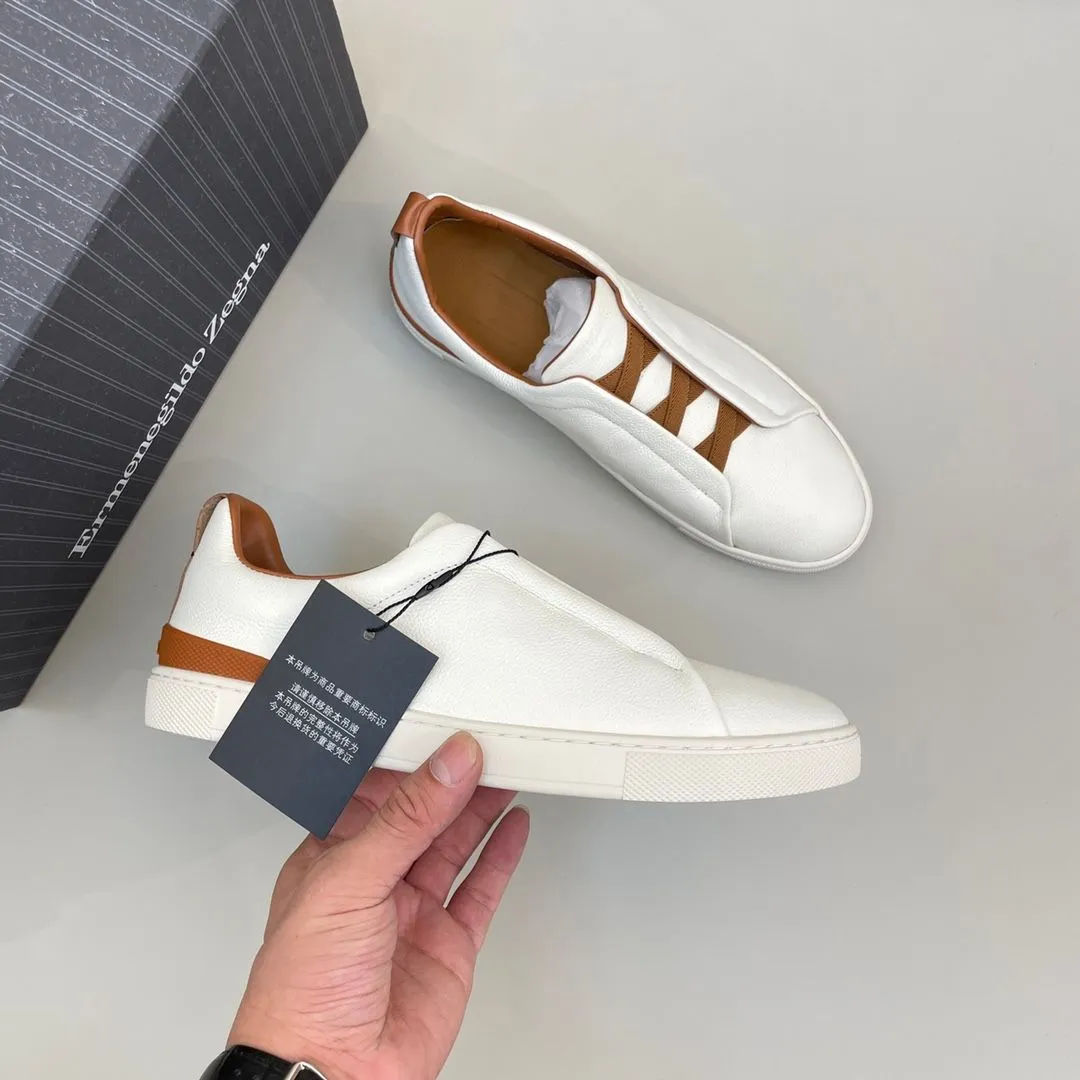 Zegna-Inspired Mens Casual Leather Sneakers, Solid Color