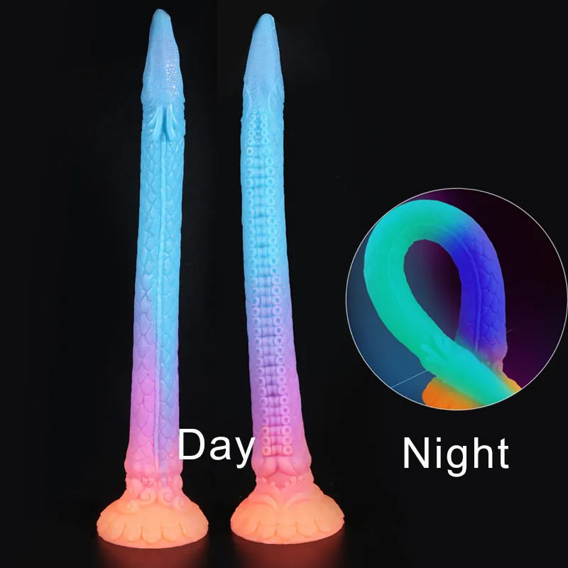 Juguetes anales Super largo luminoso enchufe consolador colorido resplandor dragón consoladores para mujeres suave buttplug con ventosa sexo a tope 230923