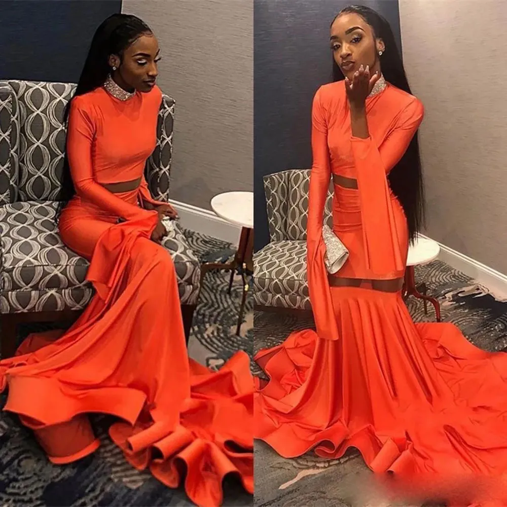 Evening Dresses Orange Prom Party Gown Formal Mermaid Long Sleeve High Neck Beaded New Custom Plus Size Zipper Lace Up Elastic Satin