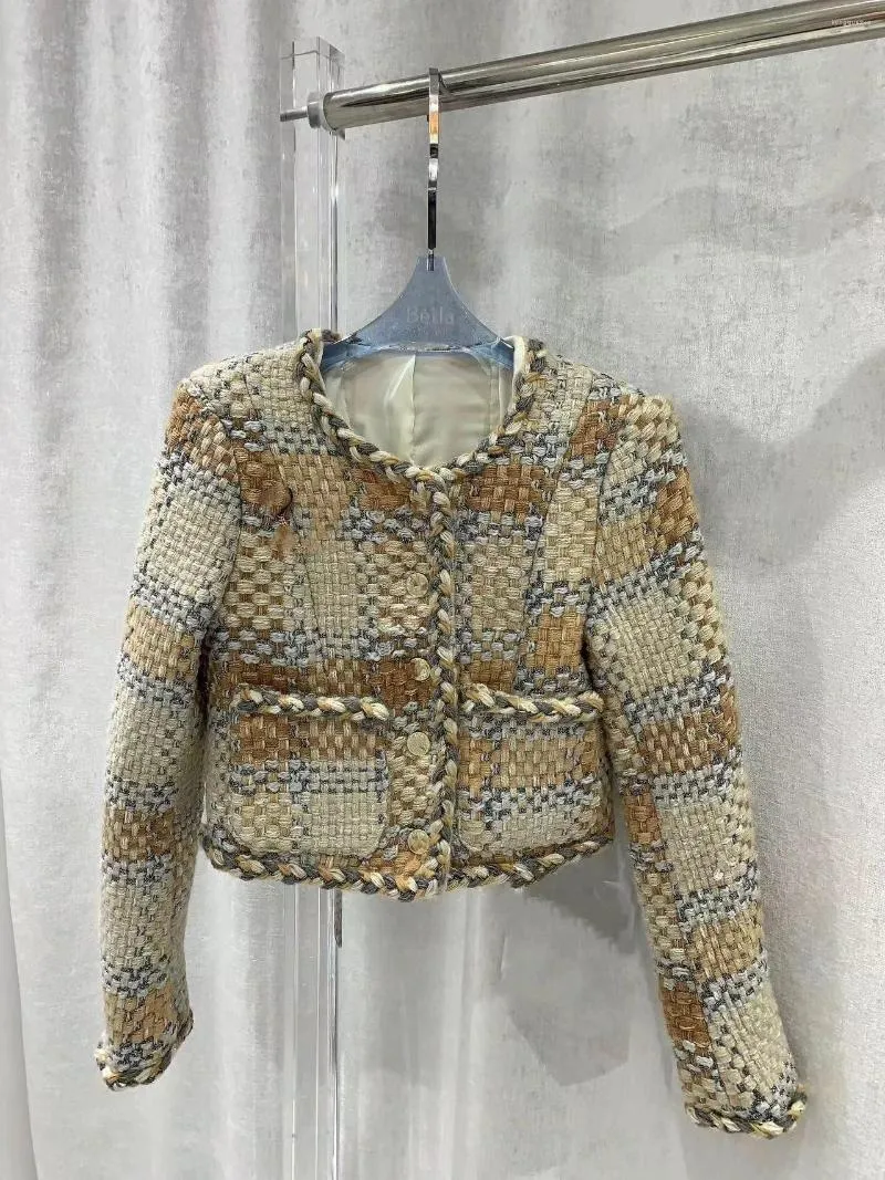 Women's Jackets Retro Vintage Short Tweed Coat 2023 French Celebrity Weaving Fashion Round Neck Cardigan Jacket Top Korean Luxury