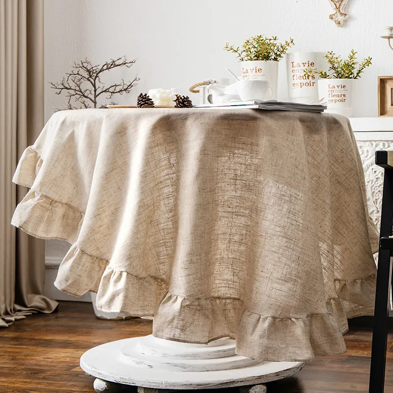 Tabela Pano Francês Romântico Simples Ruffle Tablecloth Algodão Linho Capa Americana Redonda Mesa de Chá Literária Retro Party Decoração 230925