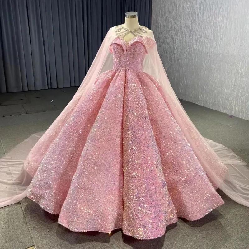 Roze Glanzende Off Schouder Glinsterde Quinceanera Jurk 2024 Volumineuze Pailletten Kralen Met Cape vestidos prom vestidos de baile jurk