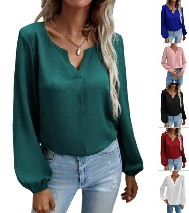 Kadın bluzları kadın moda rahat gömlekler gevşek kazak şifon ofis bayan düz renk v boyun uzun kollu sonbahar gömlek dişi tepeleri